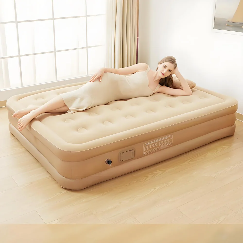 Flocking Air Mattress with Built-in Pump Glamping Mats Quick Inflate/Deflate Double Height Blow Up Mattres for Camping Bed Mat