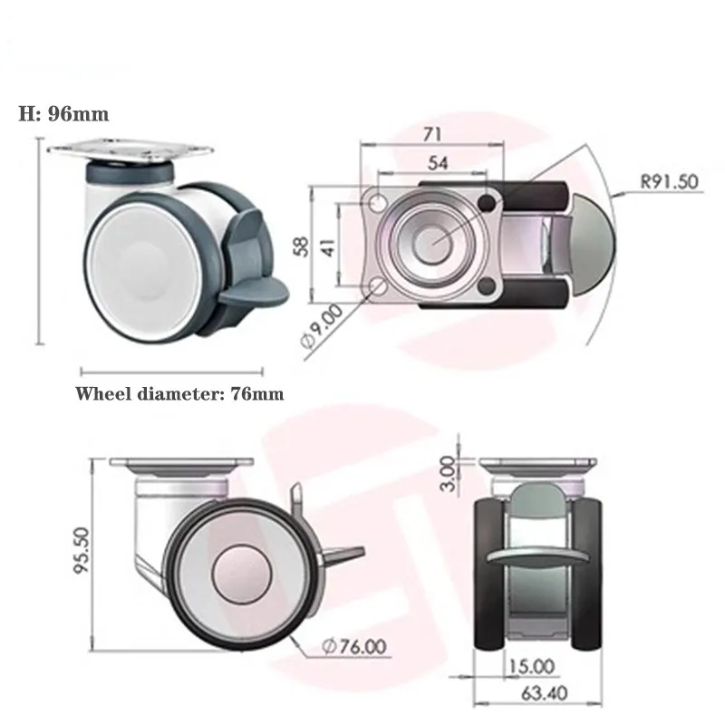 Imagem -05 - Rodízio Dobro Médico Roda Universal Haste do Parafuso Furo Superior Parte Inferior Lisa Equipamento Médico Mudo Tpr pc 3