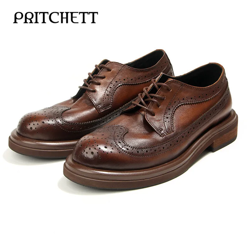 

Polished Brogue Carved Leather Shoes Fashion Casual Genuine Leather Shoes Retro Handmade Distressed Men's Thick-Soled Shoes