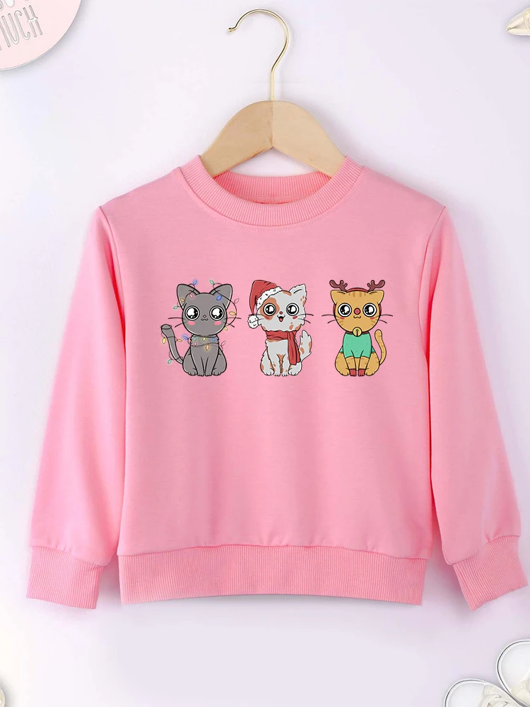 Cute Kittens Print Pink Girl Sweatshirt Beautiful Fashion Popular 2-14 Years Children Clothes Kawaii Harajuku Hoodie Pullover