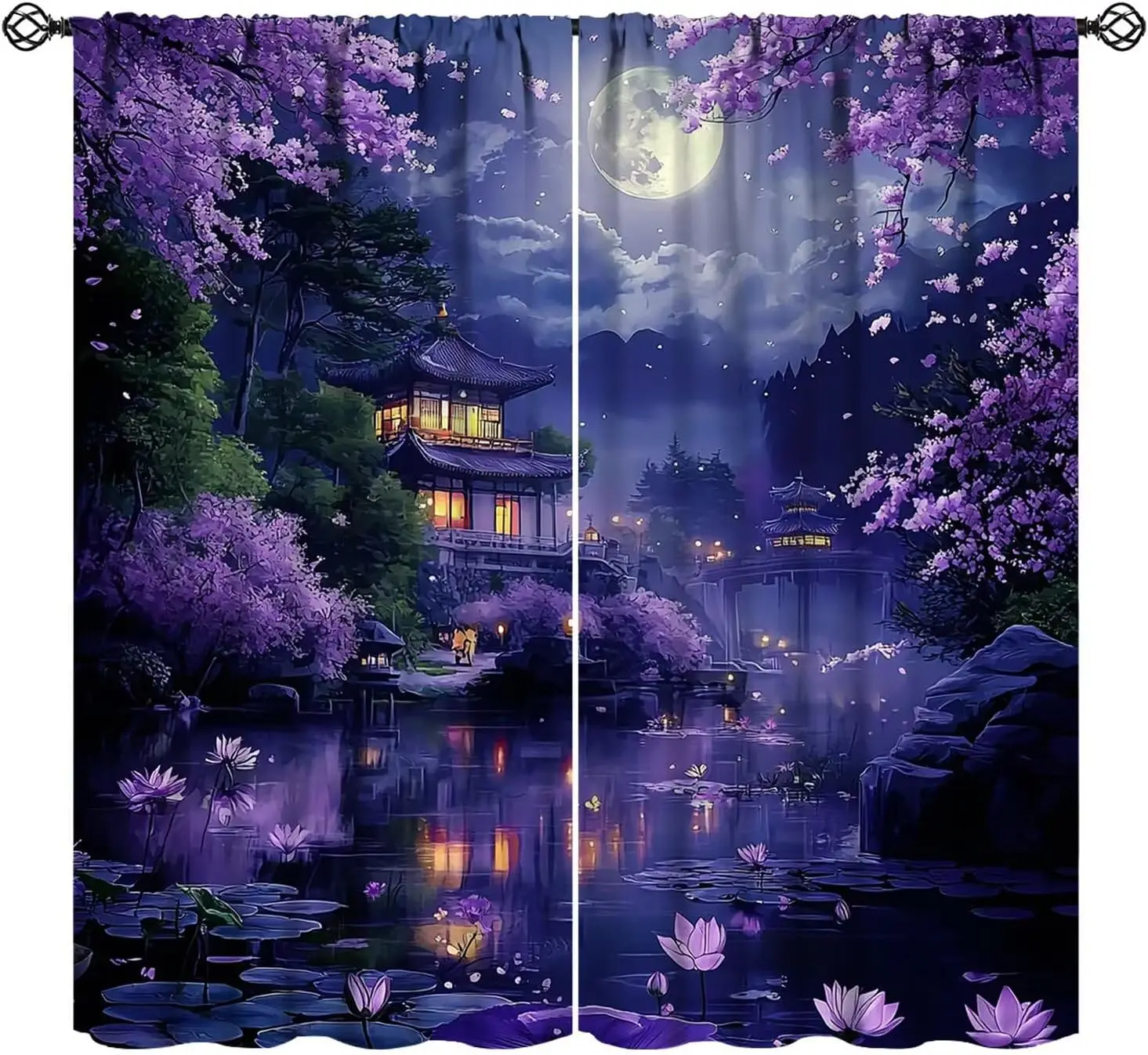 Japanese Cherry Blossom Curtain Purple Floral Anime Asian Japanese Lotus Moon Night Pattern Print Bedroom Living Room  2 Panels