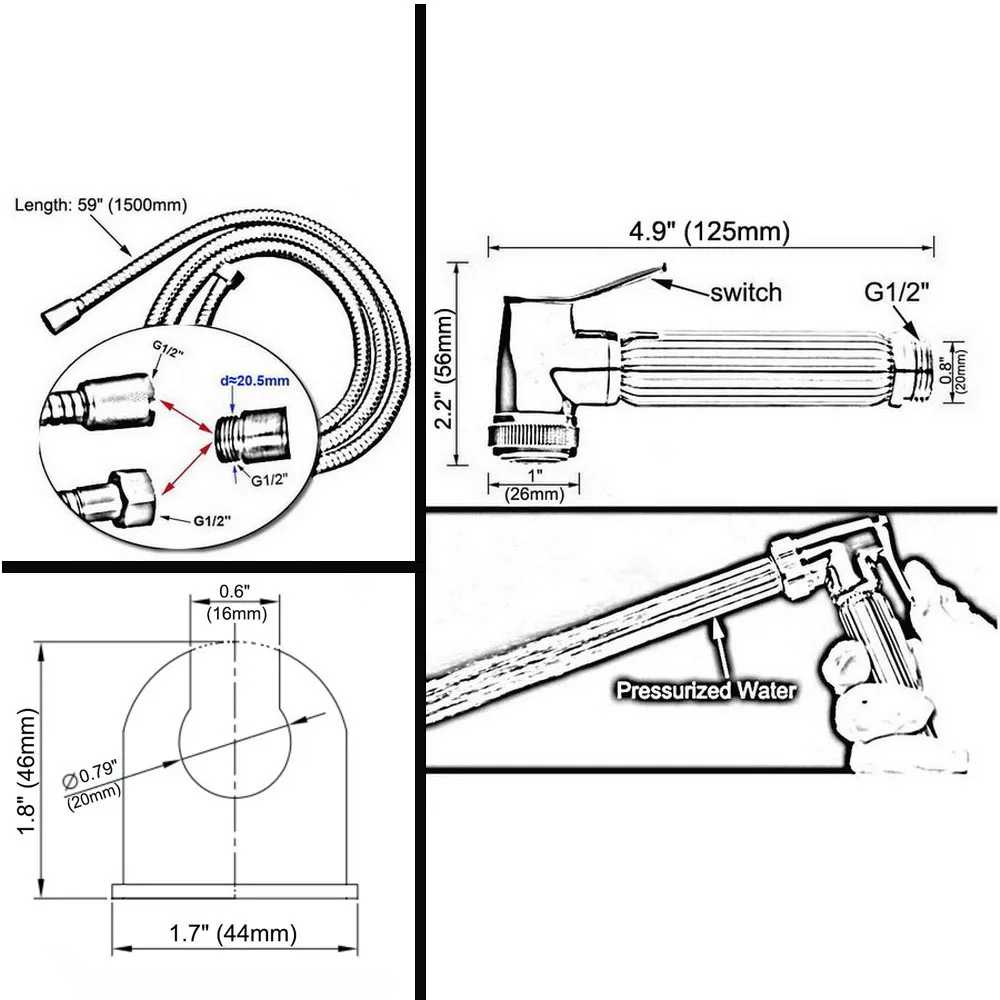 Polished Chrome Bathroom High Pressure Toilet Bidet Spray Hand Held Shower Head Sprayer / Shower Hose / shower Bracket mhh155