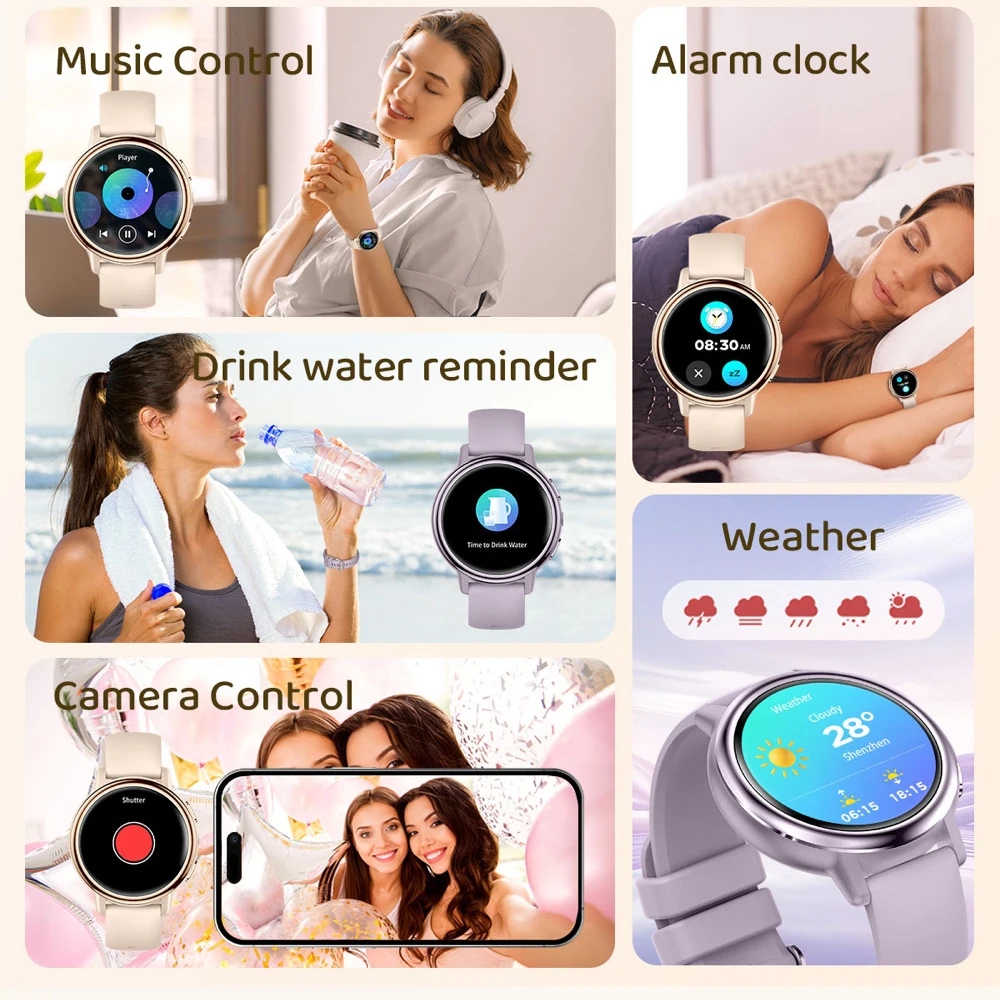 情報リマインダースマートウォッチレディースフルタッチスクリーンスポーツフィットネス懐中電灯防水青歯通話スマートウォッチ女性