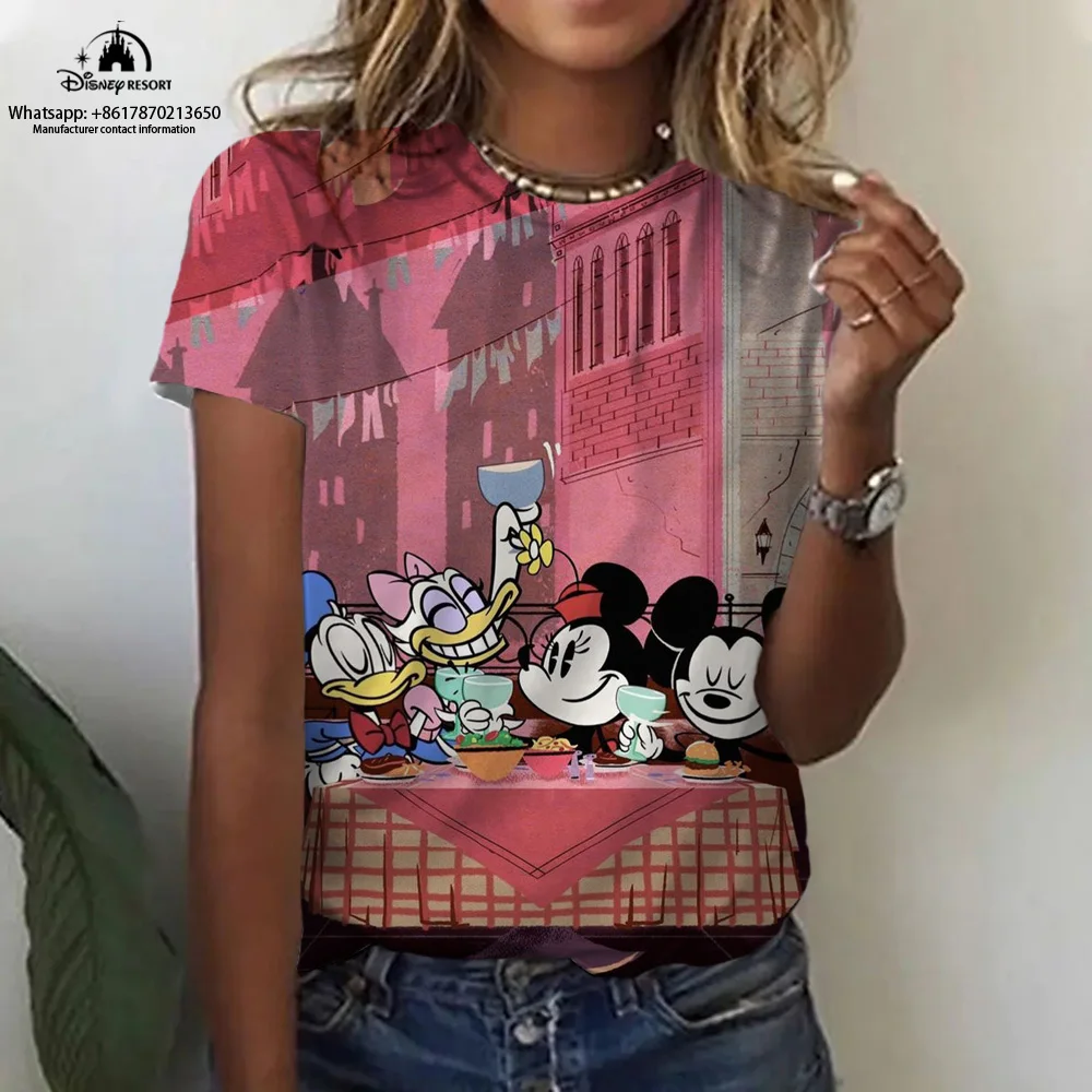 

Mickey Minnie Anime Print Fashion Casual New Women's Round Neck T-Shirt 2023 Summer Street Harajuku Children's Tops 2K