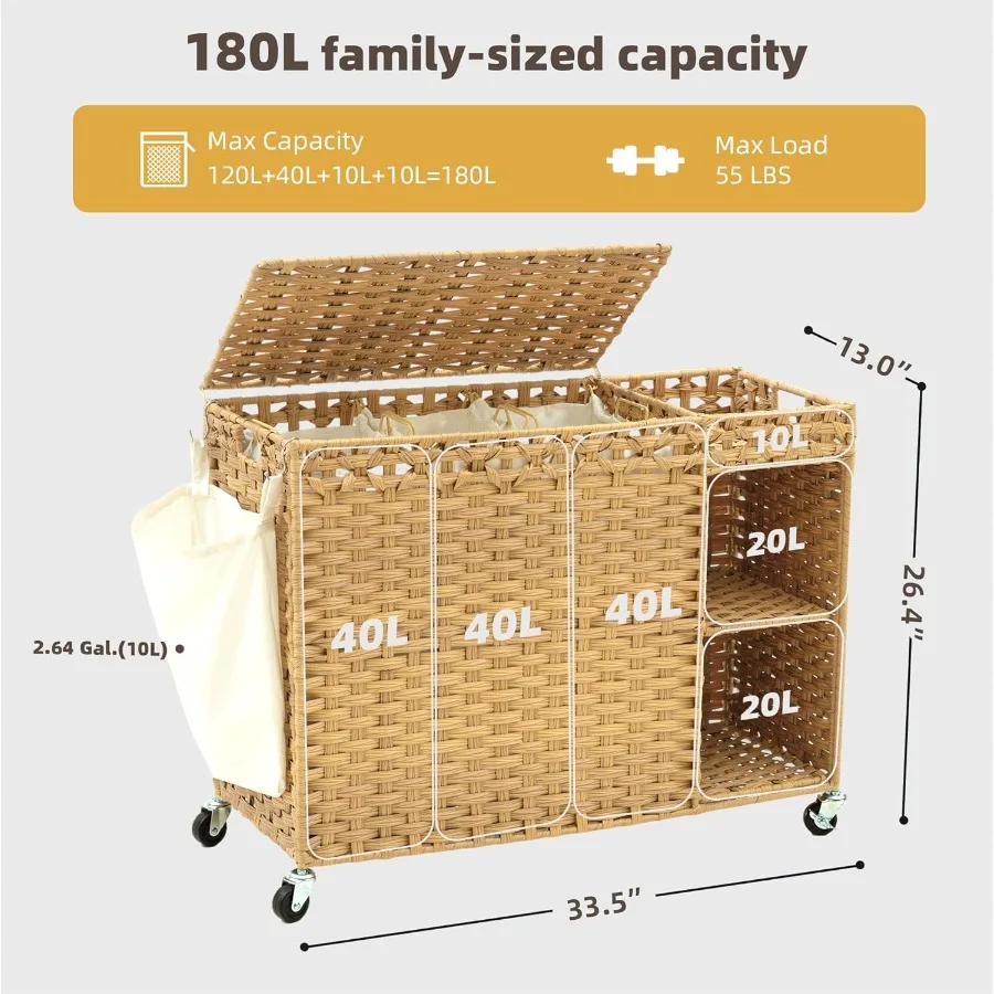 سلة غسيل من الخيزران سعة 180 لترًا مع عجلات وغطاء منسوج يدويًا بتصميم 3 أقسام تتميز بطانة قابلة للإزالة وجيب جانبي لـ E #5