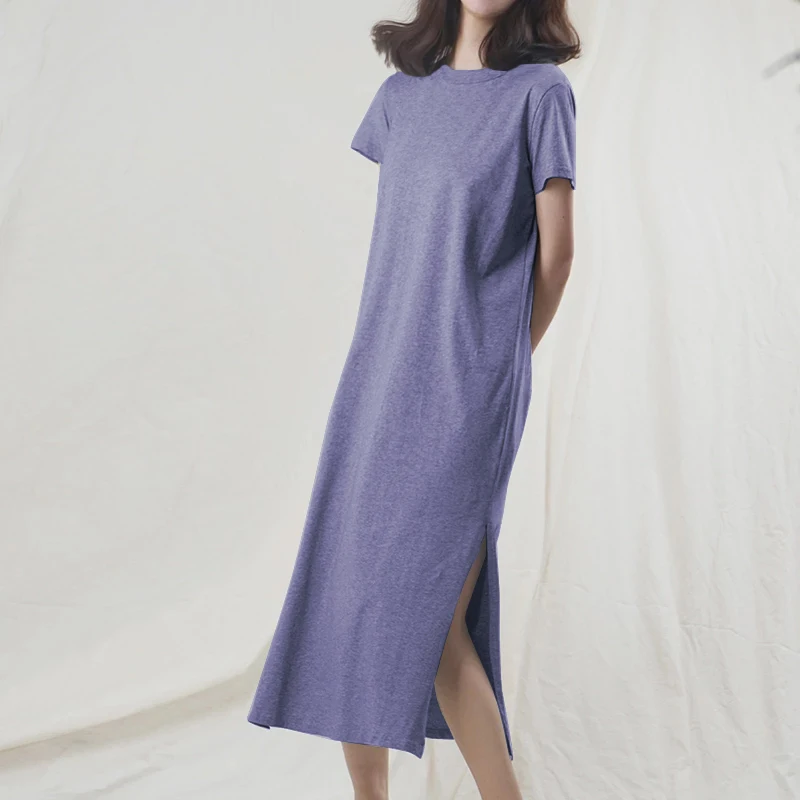Original Casual 94% Cotton Summer Women\'s Dresses Solid Short Sleeve Spilt Long Midi Dress Fashion Sundress Female Clothing