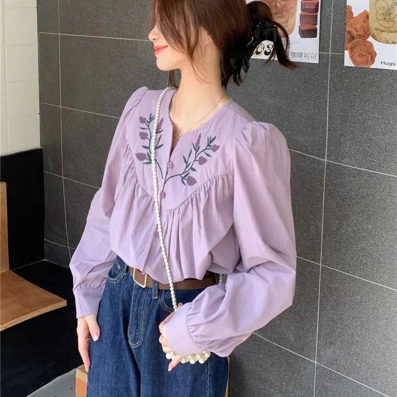 Folk Vintage Floral Embroidery Shirt Female Clothing Single-breasted Spring Autumn Long Sleeve Stylish Folds Loose O-Neck Blouse