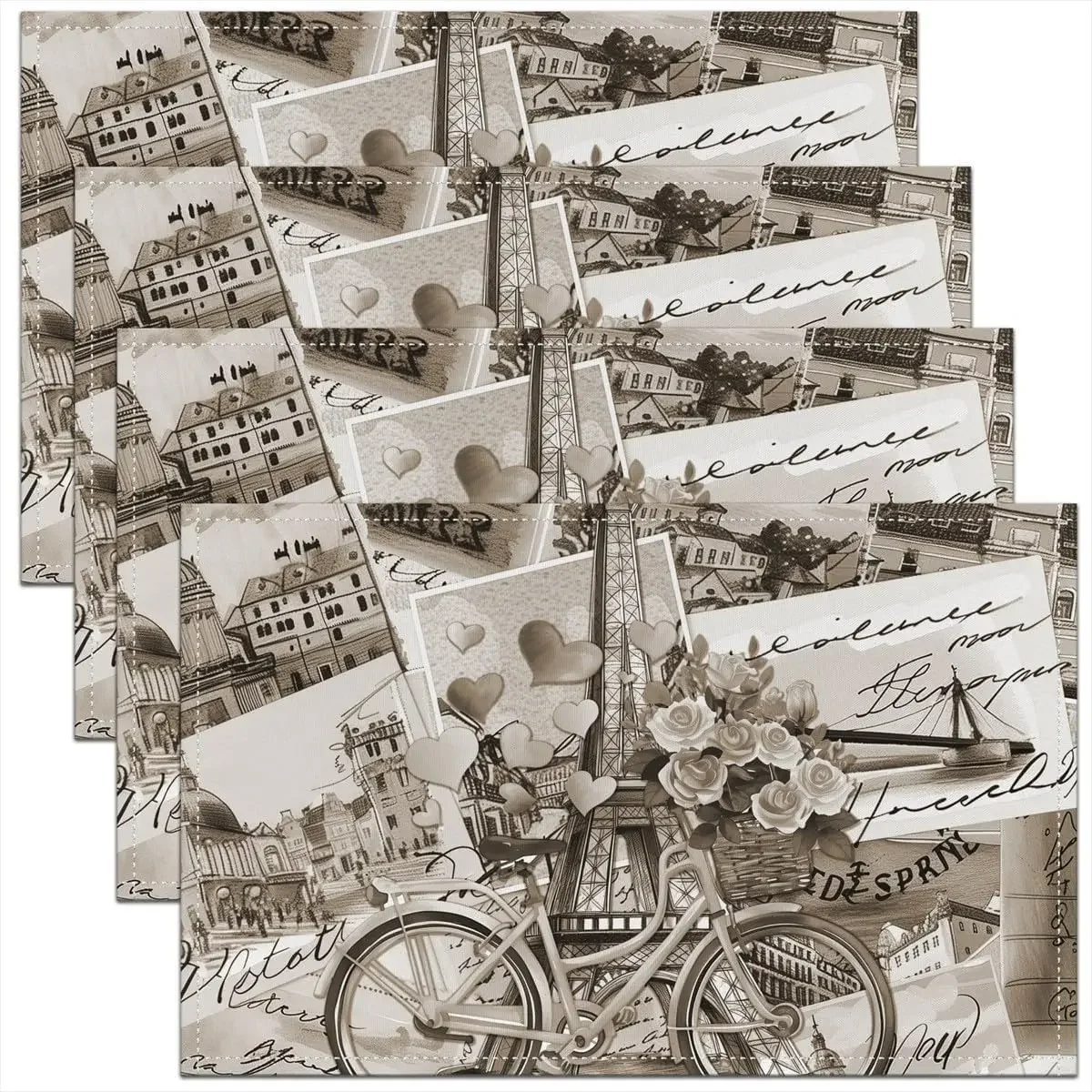 Paris Place Mats Set of 4 Old Newspaper Journal French Paper Lettering Art Design Washable Fabric Placemats for Dining Table