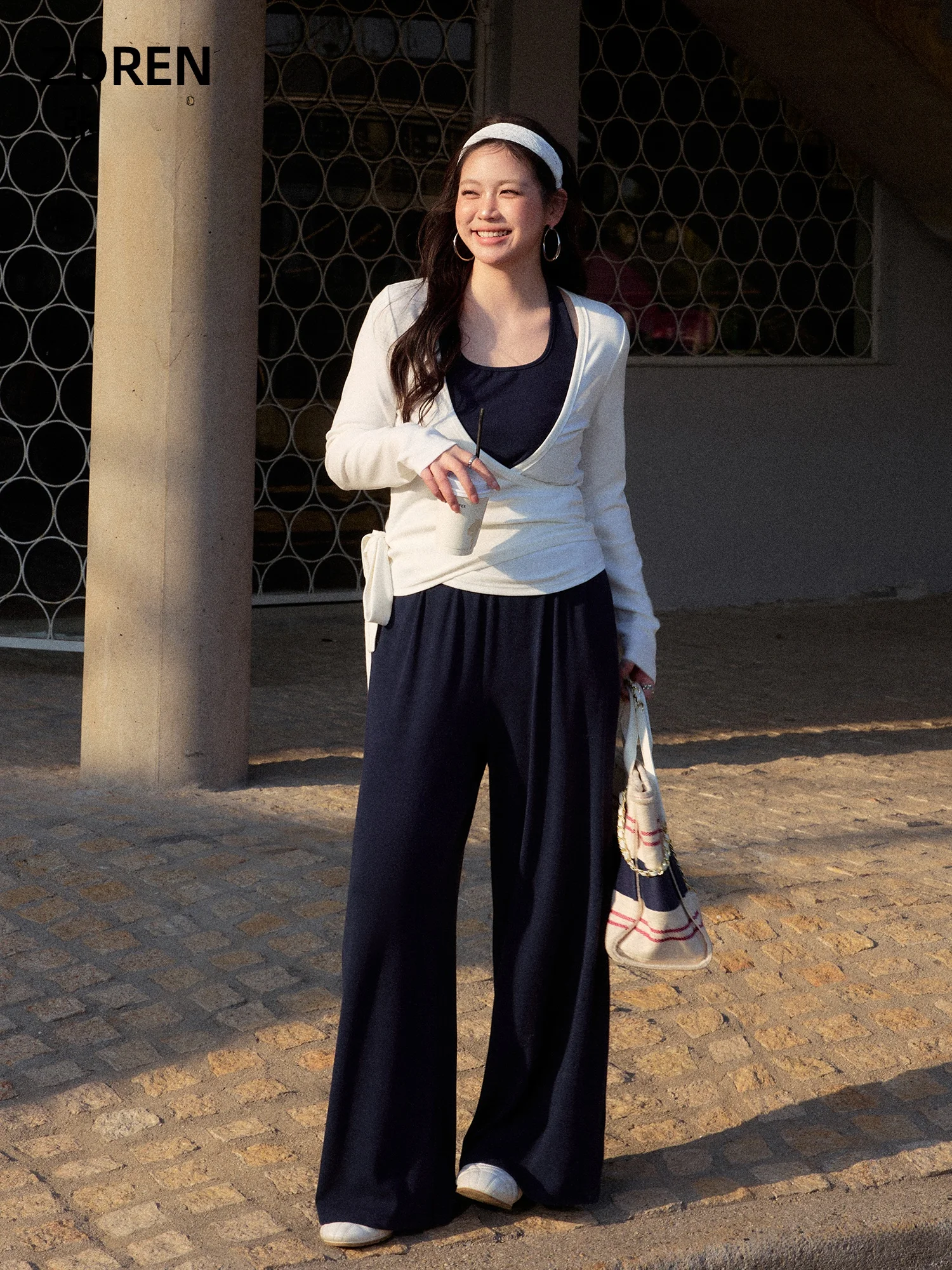 

plus Size Women's Korean Style Slimming Blue Casual Pants Set with Belt White Cover up Top plus Size Fashion Spring Wear