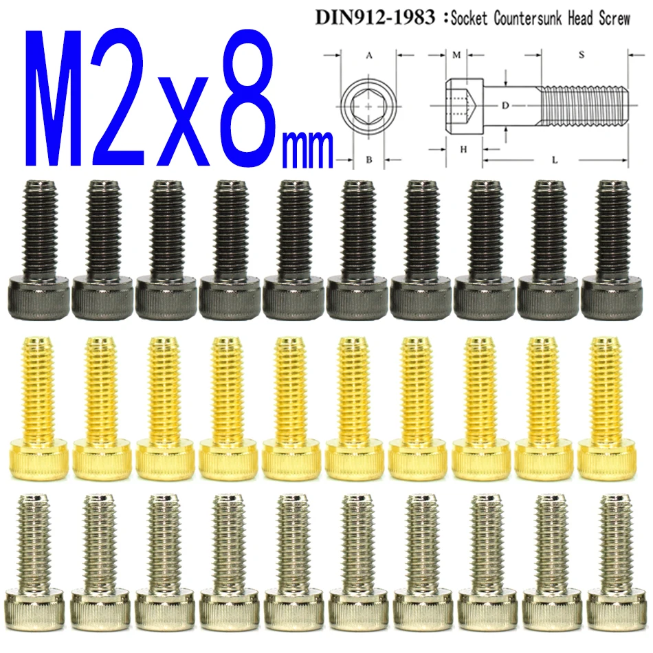 M2x8 Socket Cap Screws 10Pcs,Nickel‑Titanium Plated,DIN7991,SCM435 Alloy Steel,for RC FPV Drone Machinery DIY Parts