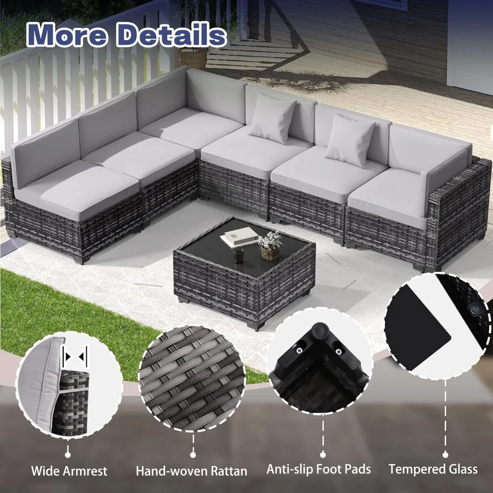 7 Piece Outdoor Patio Furniture Set, Outdoor Sectional Furniture, Rattan Chairs Glass Table Wicker Conversation Seating Sectiona