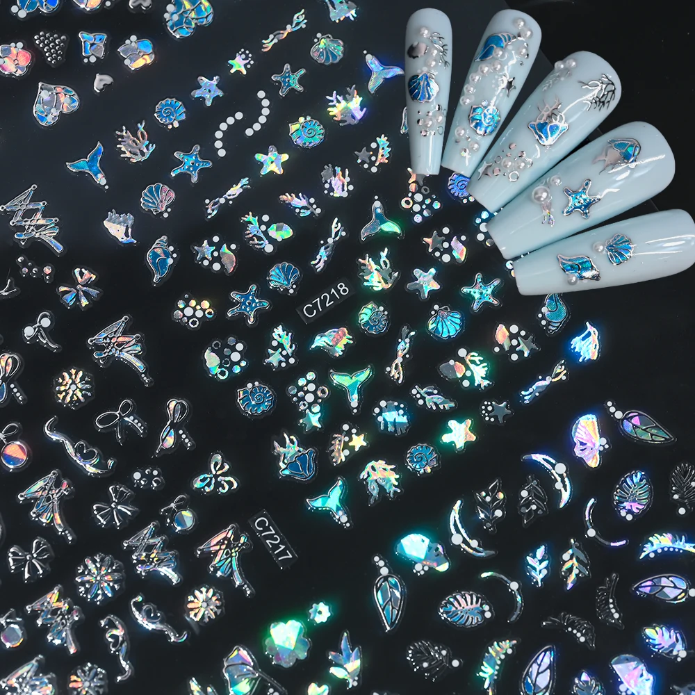 20 stks/set Laser Zilveren Vlinder Nail Art Stickers 3D Bronzing Bloem Bladeren Lijm Sliders DIY Boog Hart Manicure Decals