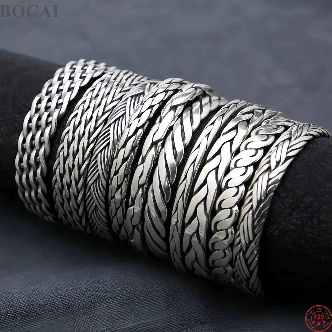 BOCAI S925 Sterling Silver Charms Bangle for Men Women Antique Handmade Woven Pattern Multiple  Bracelet Fine Choice Jewelry