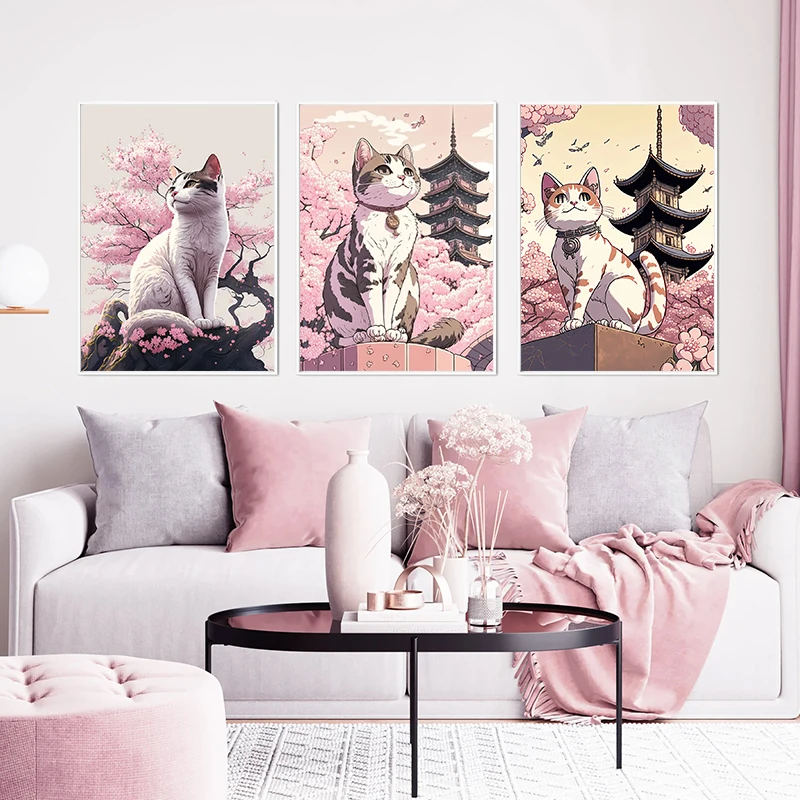 1PC frameless decorative art print,Japan Pop Art Cat Nature Cherry Blossom Landscape Canvas Poster Colorful Aesthetics Home Wall