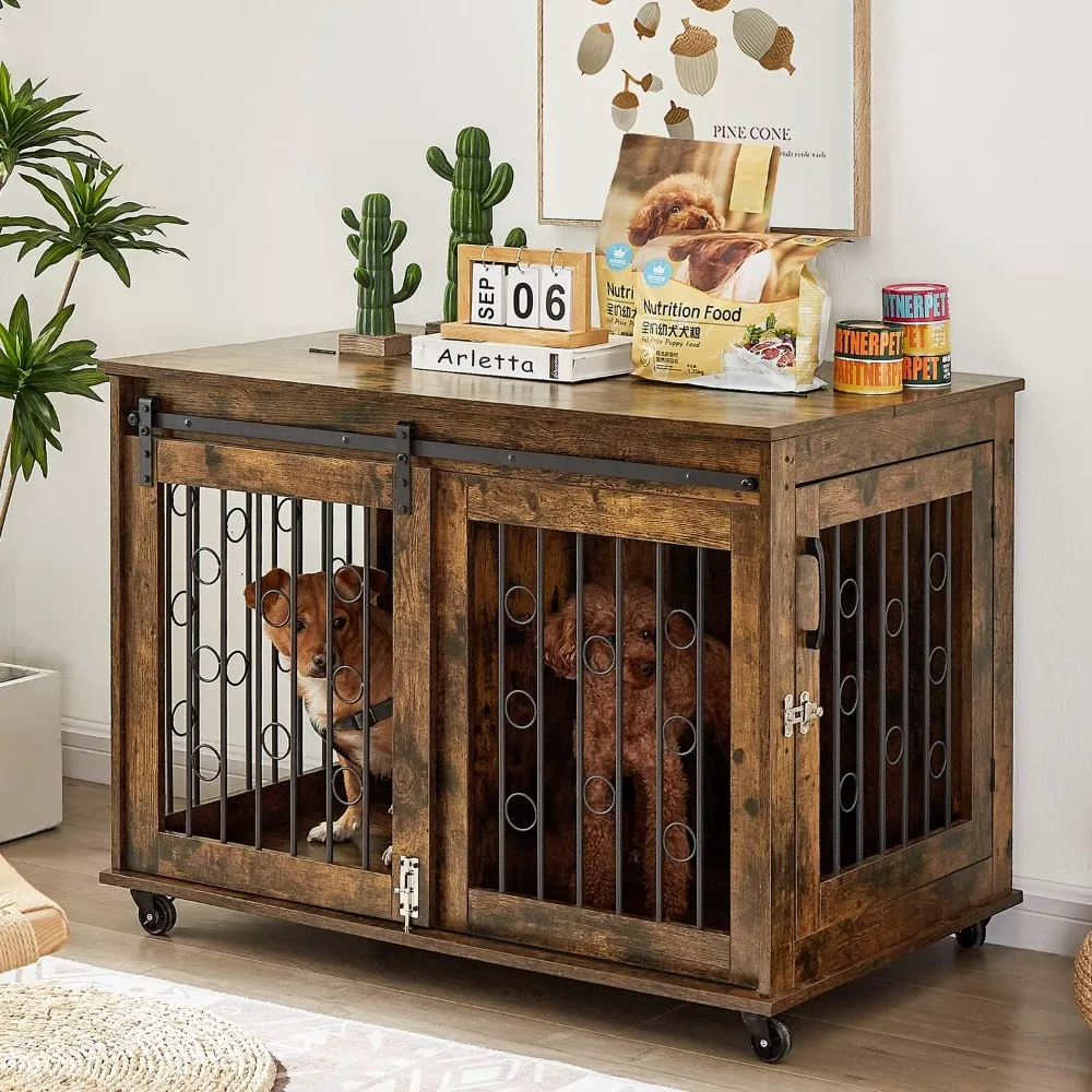 

Dog Crate Furniture with Sliding Barn Door, 39" Wooden Dog Kennel End Table with Wheels and Flip-top Plate Dog House with Detac