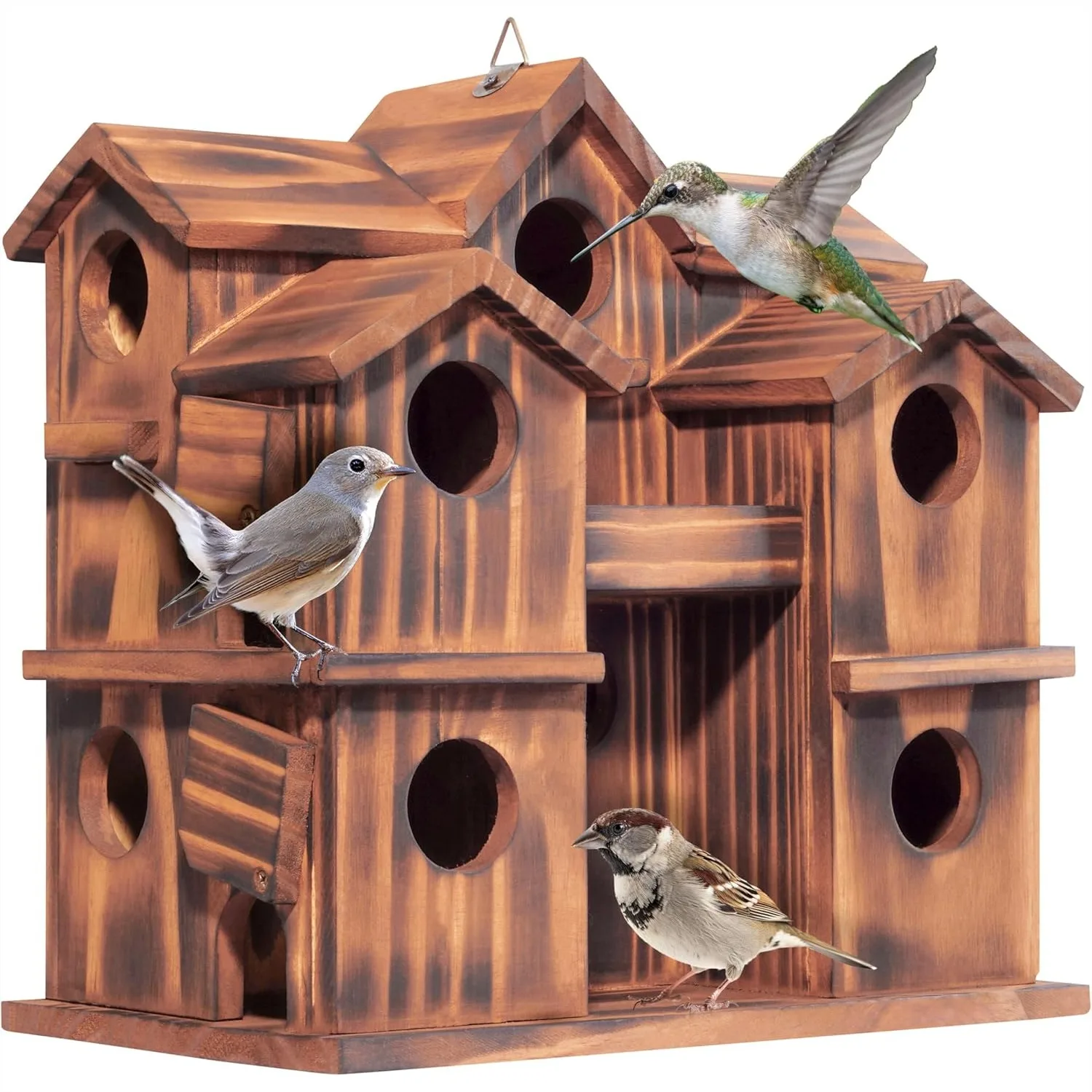 

Wooden Bird Houses for Outside - 10 Rooms Multi-Chamber Bird House, Carbonized Pine Rustic Finish, 1.57" Entrance Holes, Easy