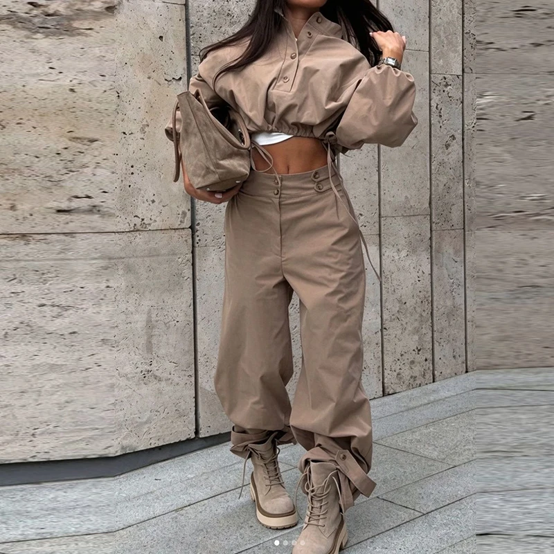 Solid Casual Streetwear Daily Sets Women 2 Piece Cargo Outfit New Drawstring Long Sleeve Crop Top High Waist Wide Leg Pants Suit
