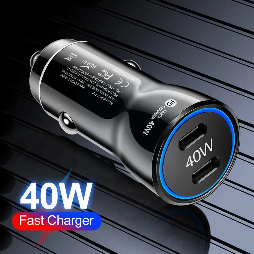 40W Car Charger Type C Quick Charge 3.0 Dual PD Phone Adapter 5V3A Car Cigarette Lighter For IPhone 14 For Huawei For Xiaom T7J1