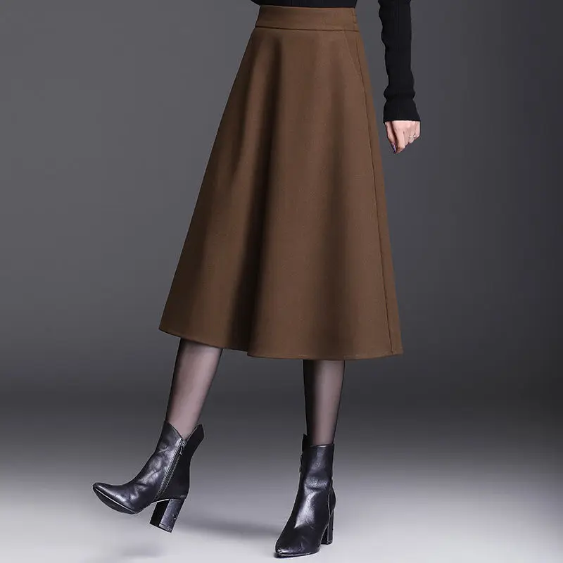 Woolen  A-Line Skirt Mid Length for Women Fashion High Waist Pleated Skirt with Pockets Fall Winter Office Lady Streetwear Skort