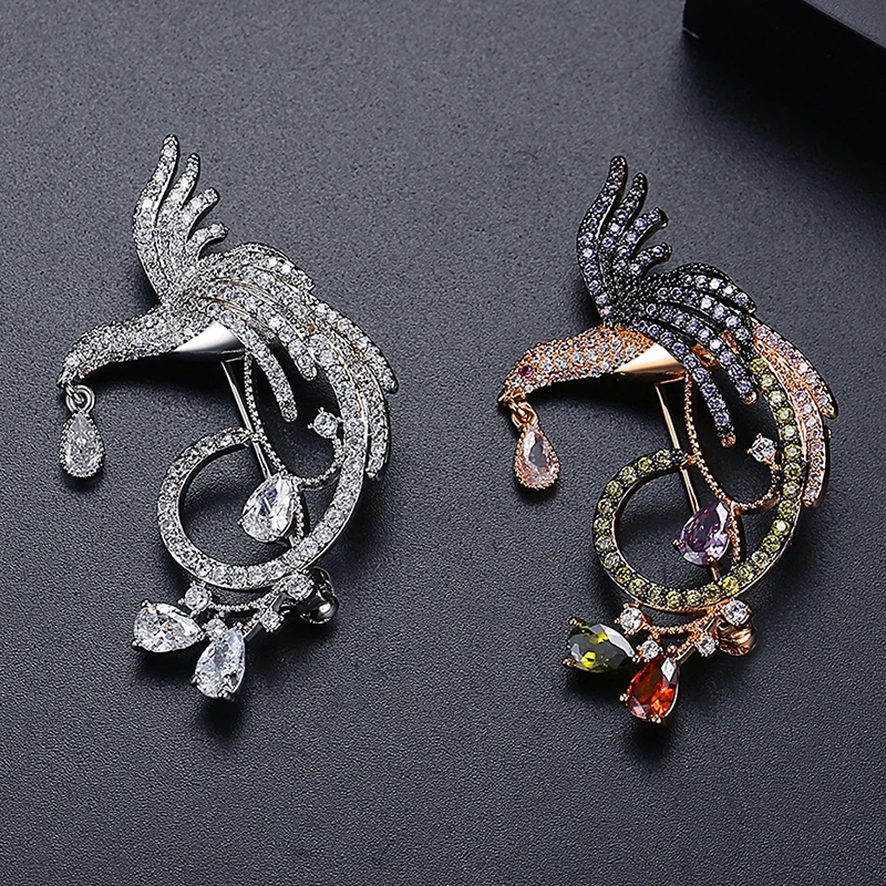 LUOTEEMI Tranditional Multi CZ Micro Pave Setting Phoenix Brooches for Women Luxury Bird Animal Shape Bridal Wedding Dress Pins