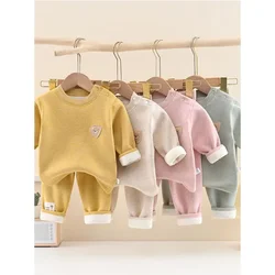 Children's Padded Thickened Underwear Set Girls Round Neck Blouse Pants Suit Autumn Winter New Boys Fashion Casual 2-Piece 4M-4Y