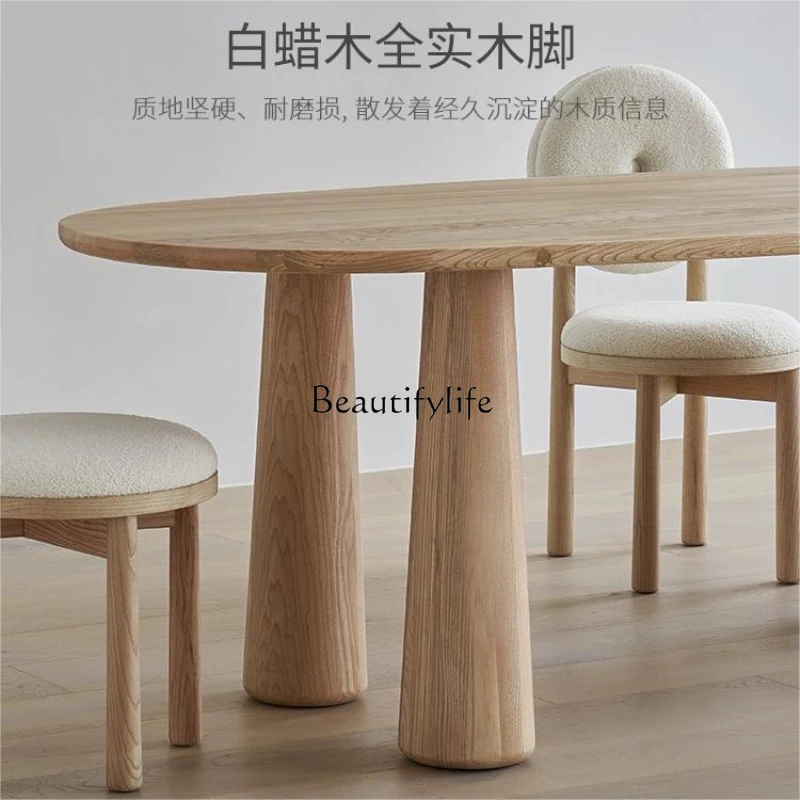 Cream Style Log Dining Table Solid Wood Silent Ash Modern Minimalist Oval