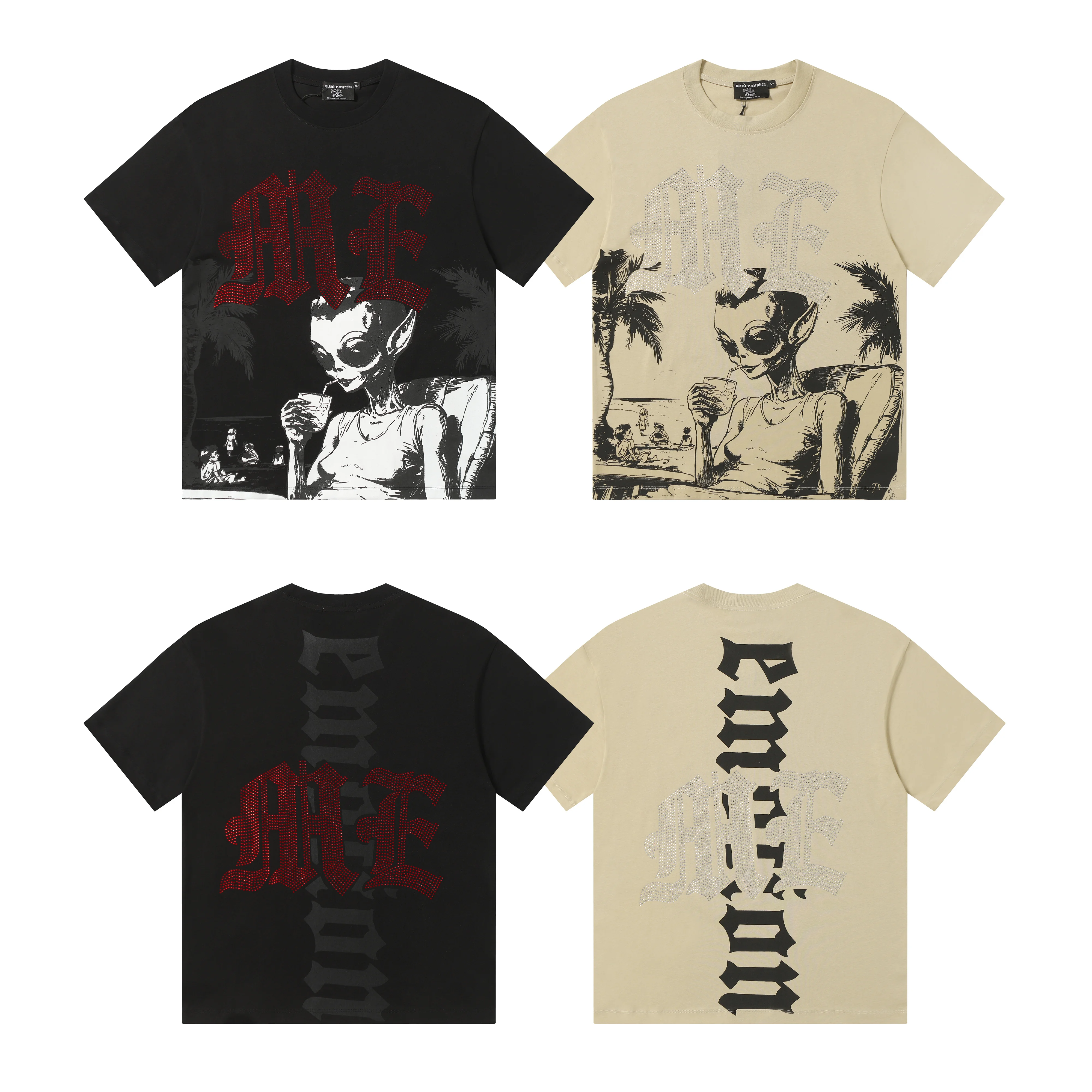 Mixed Emotion Holiday Alien Print Rhinestone High Street INS Loose Heavyweight Pure Cotton Short Sleeve T-Shirt Streetwear Ci...
