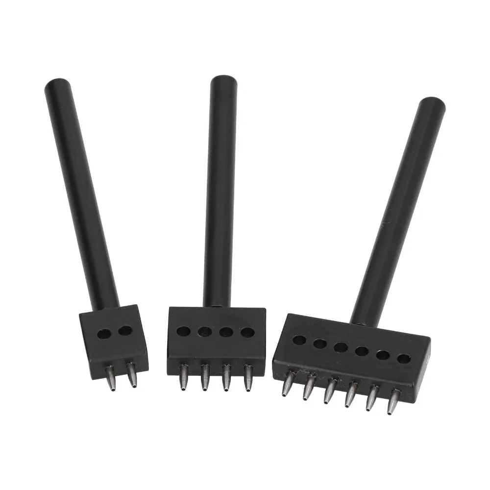 3pcs 6mm Spacing Leather Perforated Tool 2/4/6 Prong Options Black Tooth Prong Punch Tool Set Round Hole Punch Leather Craft Kit