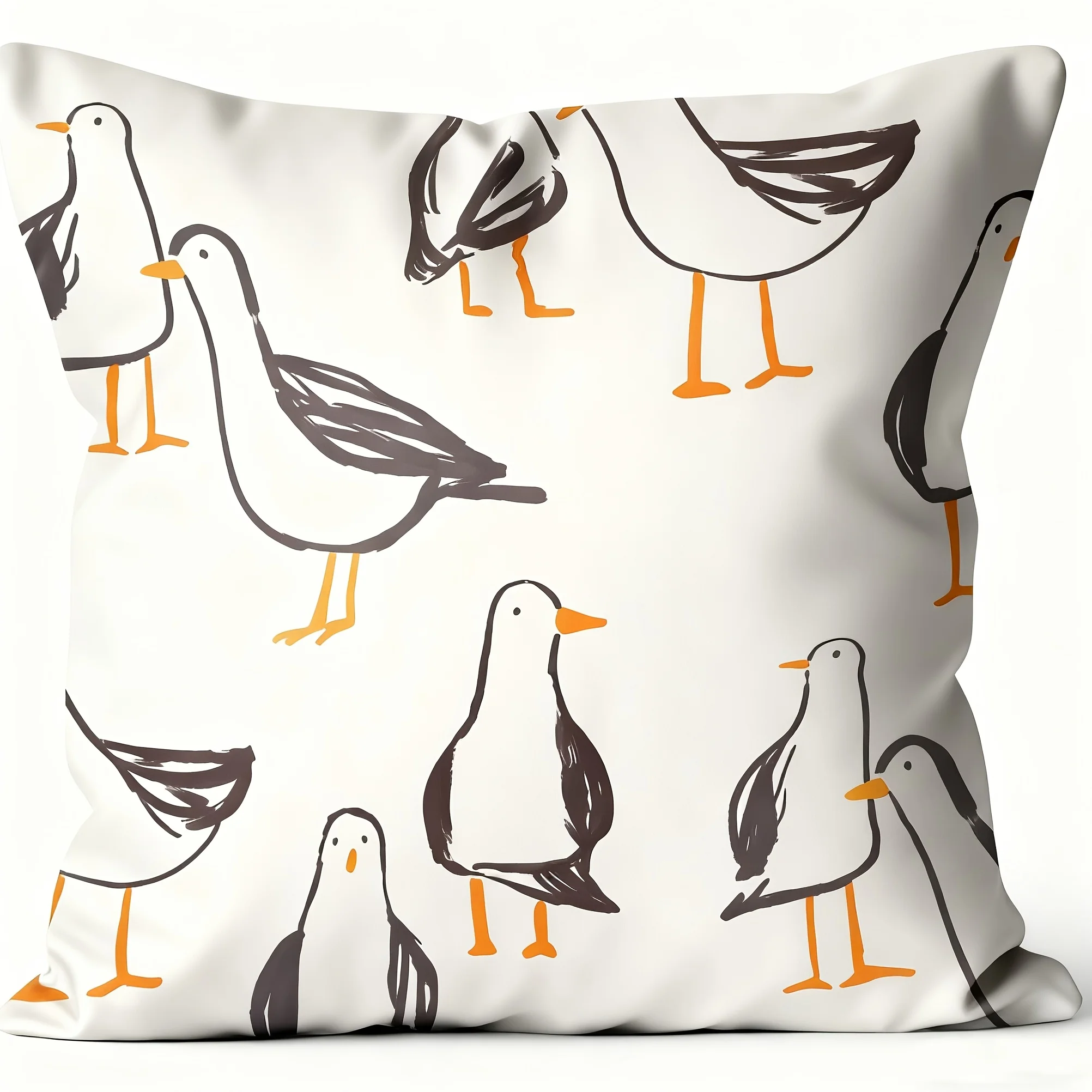 White Pillow Cover Hand-Drawn Seagulls Orange Beaks Gray Wings Coastal Illustration 18x18 Inch Square Decor