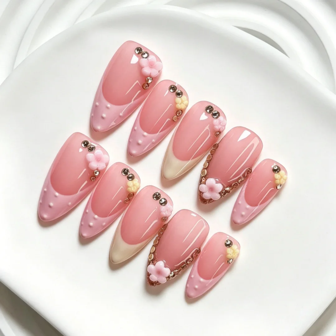 10pcs high-end Pink girl style, hand-painted three-dimensional engraved design, with glittering embedded diamonds handmade fake