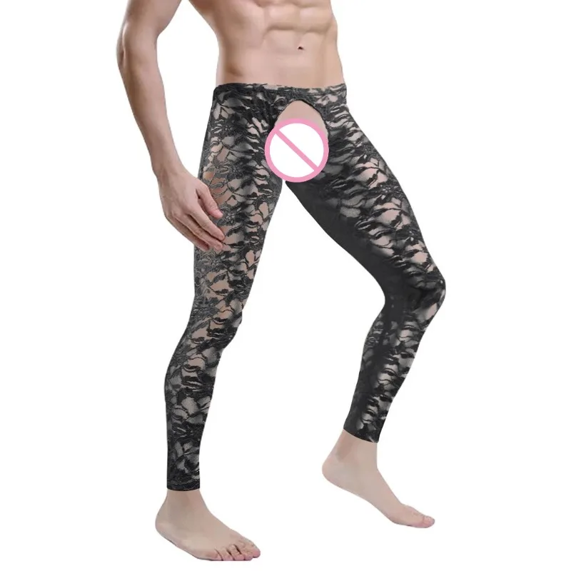

Sissy Lingerie See Through Floral Lace Open Crotch Long Pants Men Low Rise Bottoms Lounge Tight Stretchy Trousers Sleepwear