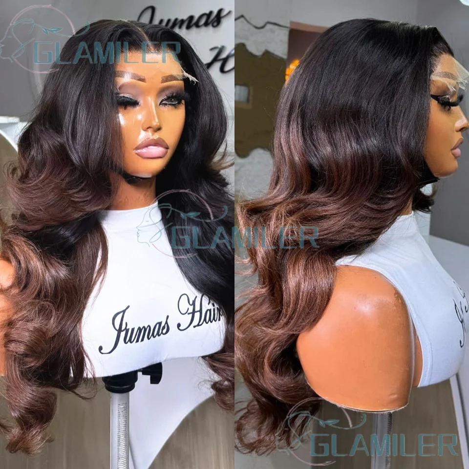 

Dark Brown Human Hair Ombre Colored Body Wavy Glueless 13x6/360 Lace Front Wigs Pre Plucked Remy Brazilian 5x5PU Silk Top Wigs