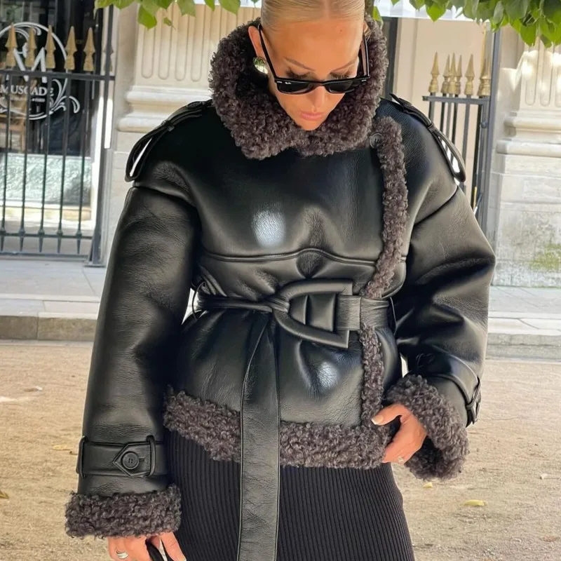 EAEOVNI – veste courte en cuir noir pour femme, Patchwork de fourrure, Streetwear, mode, col à revers, ceinture, manteau froncé à la taille, nouvelle collection hiver