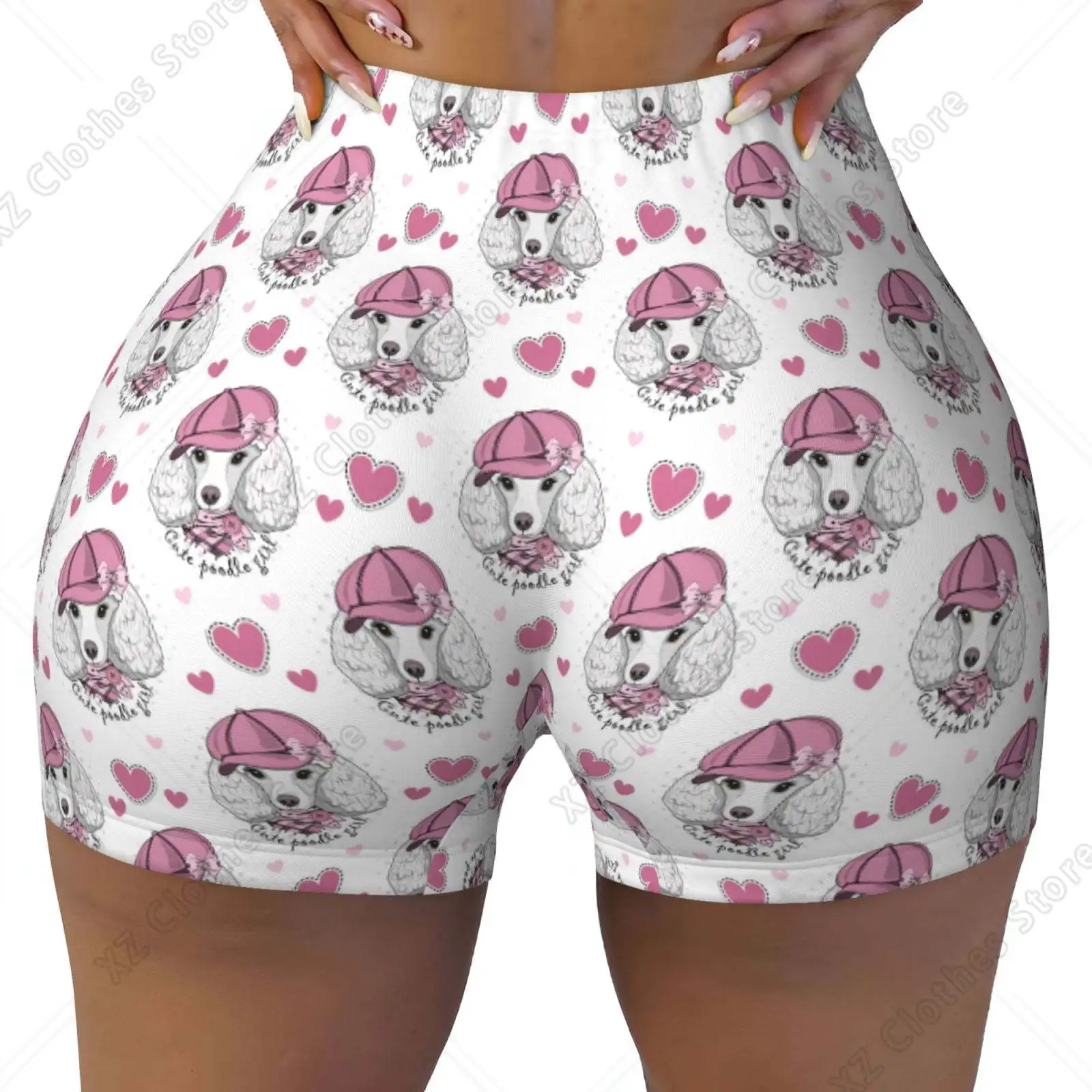 Cute Poodle Dog Print Workout Shorts for Women Soft Smooth Gym Yoga Scrunch Active Tennis Workout Running Shorts
