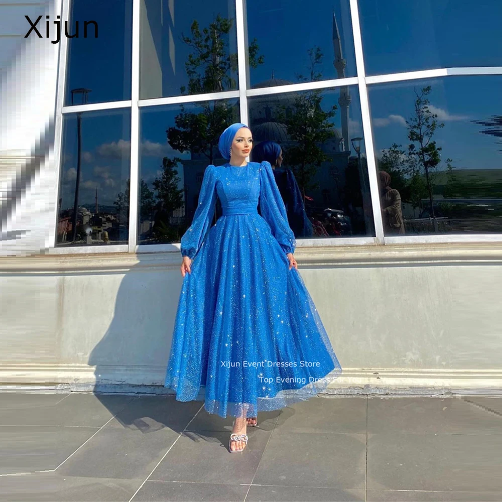 Xijun Blue Glitter Prom Dresses Long Sleeves A-Line Evening Dresses Modest Dubai Arabic Women Prom Gowns Formal Moroccan Kaftan