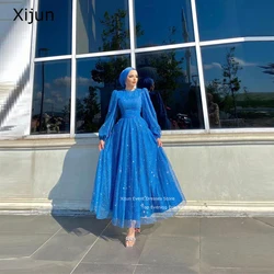 Xijun-vestidos de noche con purpurina azul para mujer, caftán marroquí Formal, mangas largas, línea A, modesto, Dubai, Árabe