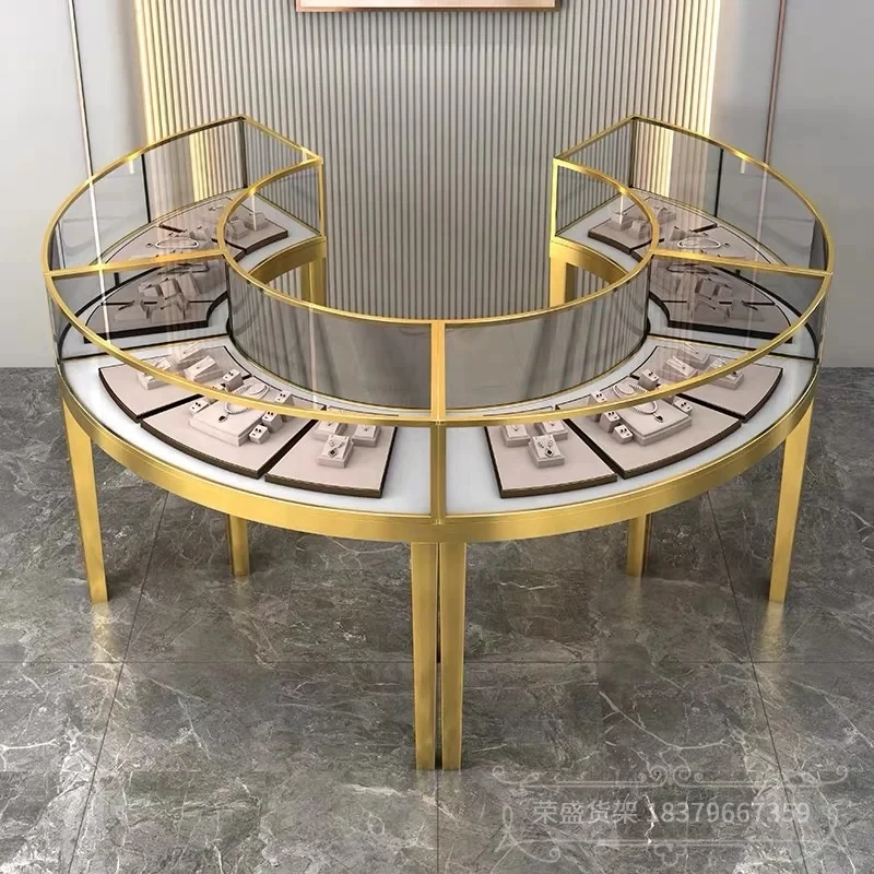 custom.Customized Gold Stainless Steel Lockable Jewelry Display Cabinet Jewellery Shop Glass Showcase Display Stand Sale