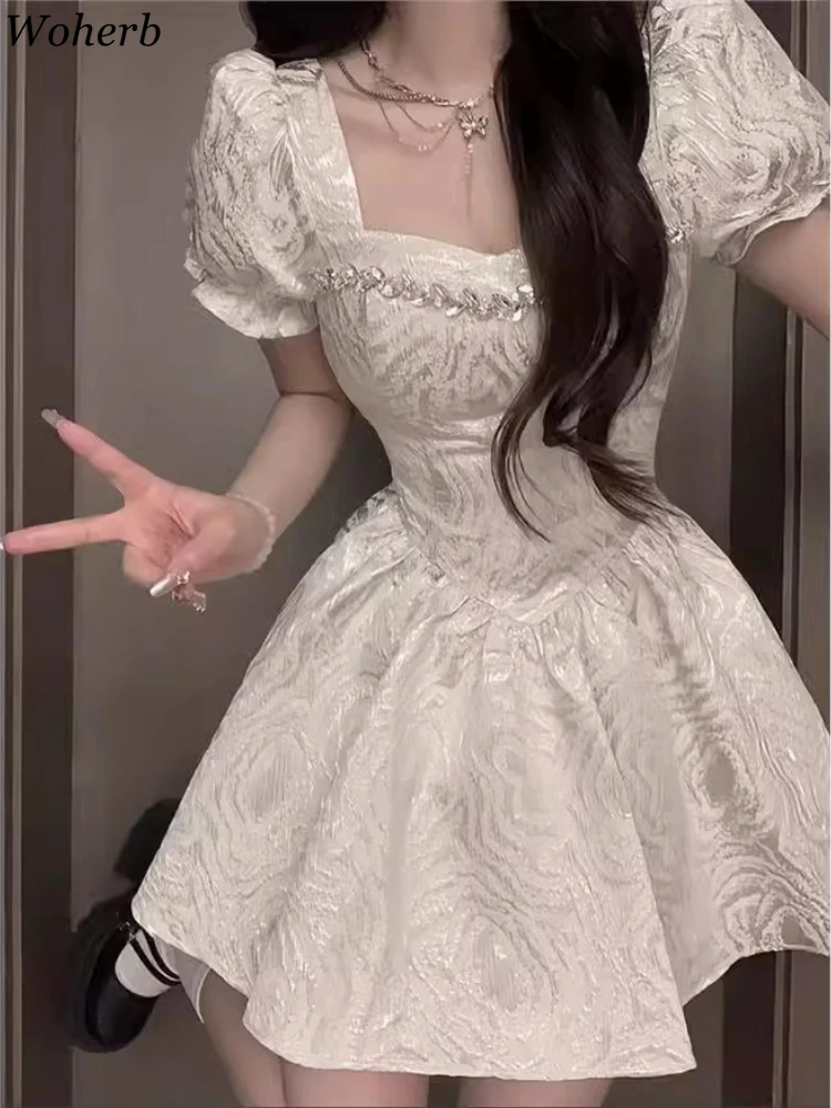

Diamond Sweet Printing Dresses for Women Puff Sleeve Tunic Robe Femme 2025 Vestidos De Mujer Fashion Korean Pleated A-line Dress