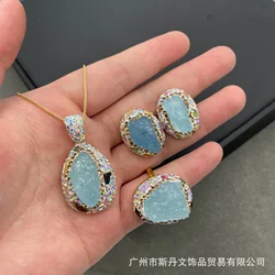 Natural aquamarine rough stone tourmaline inlay set, personalized niche light luxury models, live broadcast supply manufacturers