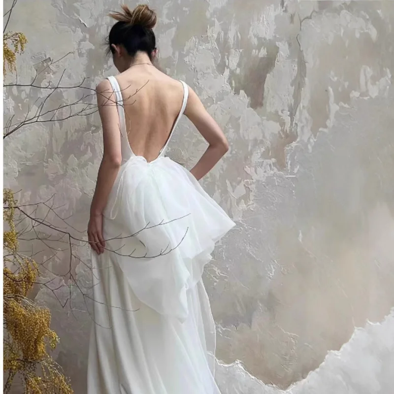 フレンチオフショルダーライト旅行写真婚約長袖サテンブライダルマーメイドドレスシンプルなレセプションお出かけドレス