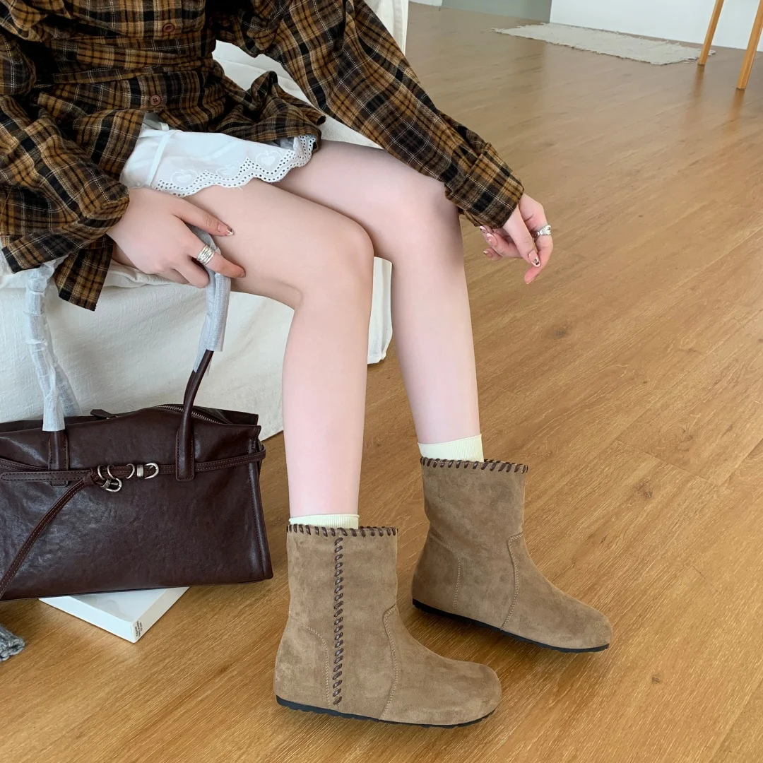 height increasing Shoes Woman casual narrow band Ankle Boot faux suede round toe modern Boots vintage slip on western Boots