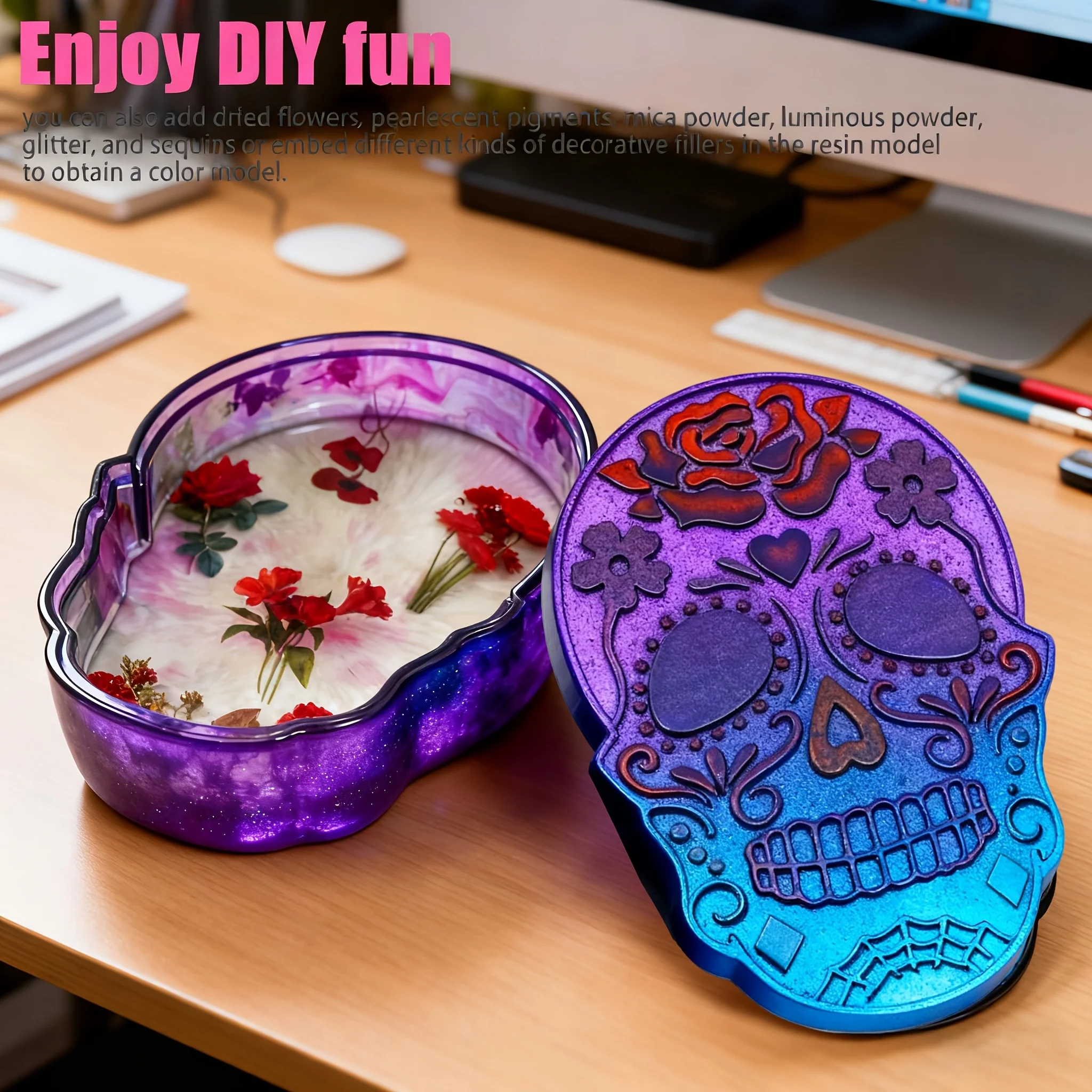 

Skull storage box resin mold, Halloween casting mold, used for jewelry box and jewelry container, Halloween festival gift