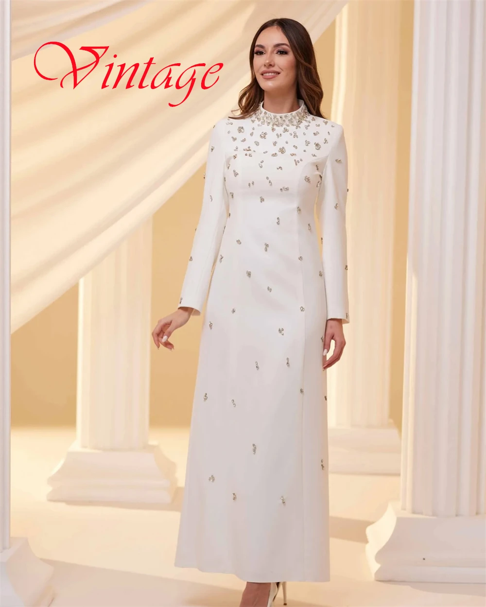 تخصيص كلاسيكي الأبيض جيرسي مساء اللباس مزاجه عالية العنق طويلة الأكمام سستة الظهر كريستال فساتين المناسبات الخاصة