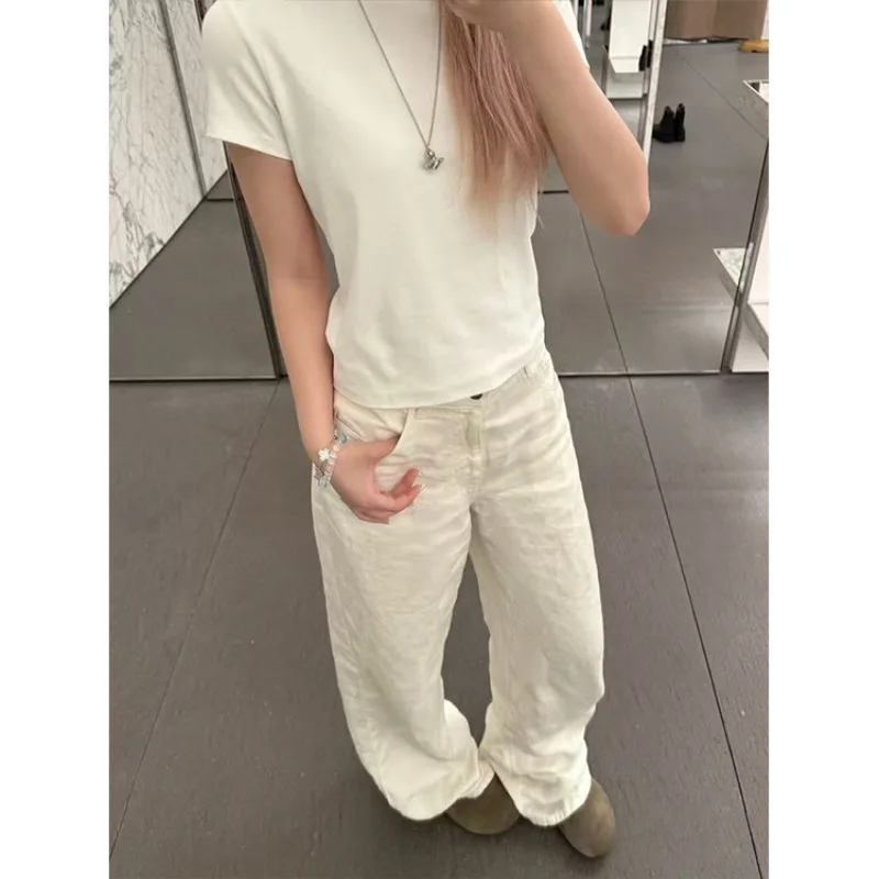 White Cotton Linen Pants New High-waist Wide-leg Straight-leg Floor Pants