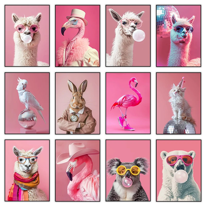 Funny Cute Animal Bubble Party Disco Pink Posters Kitten Llama Koala Prints Canvas Printing Wall Art Picture for Room Home Decor