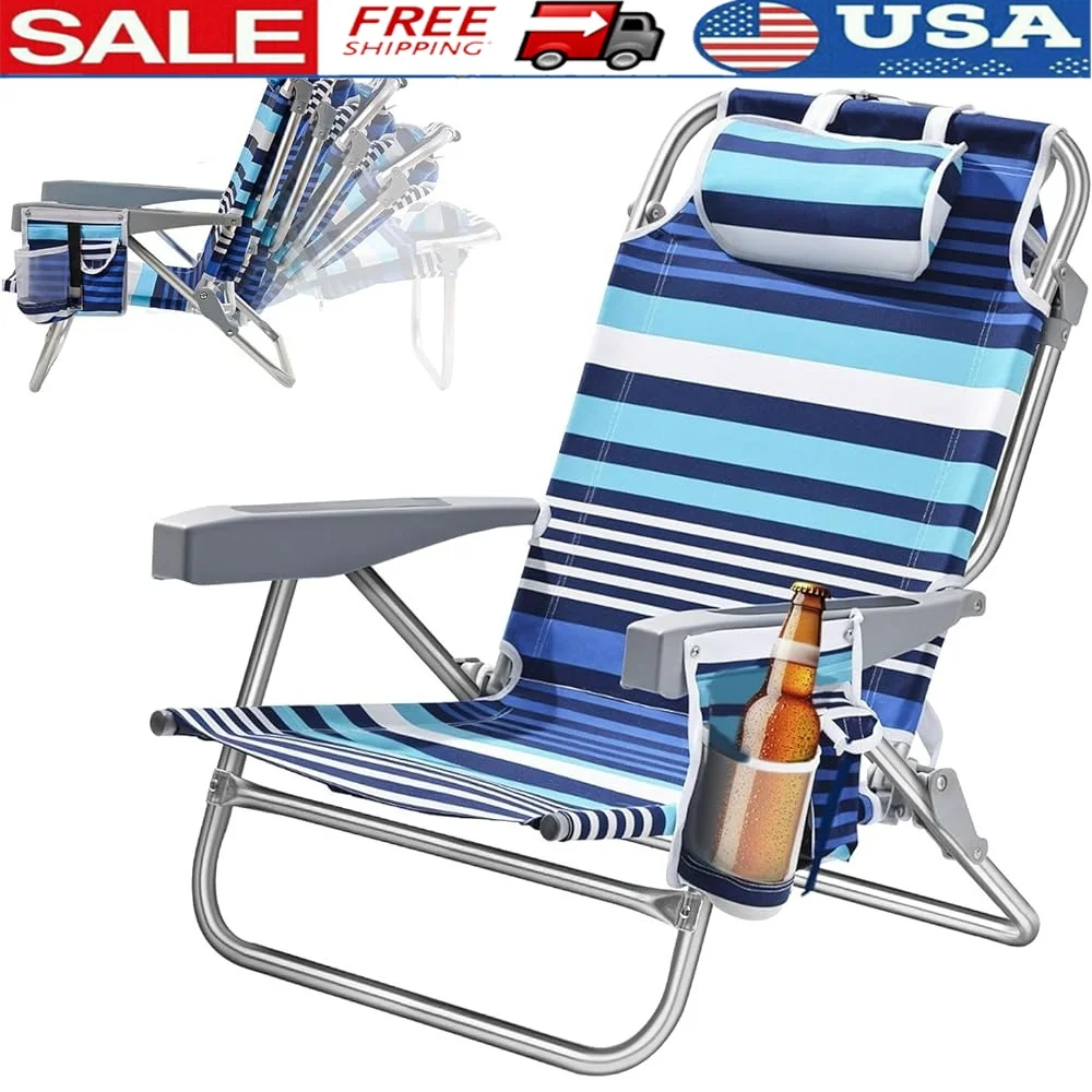 

5-Position Aluminum Lay Flat Portable Beach Chair with Cooler Pouch Side Pocket Adjustable Pillow Lightweight Backpack Design