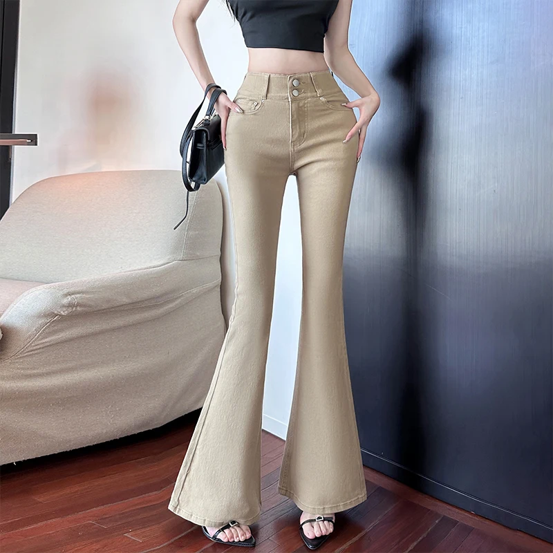 High Waist Flared Jeans Women's Spring  New Double Bule Elastic Long Pants Wide Hip