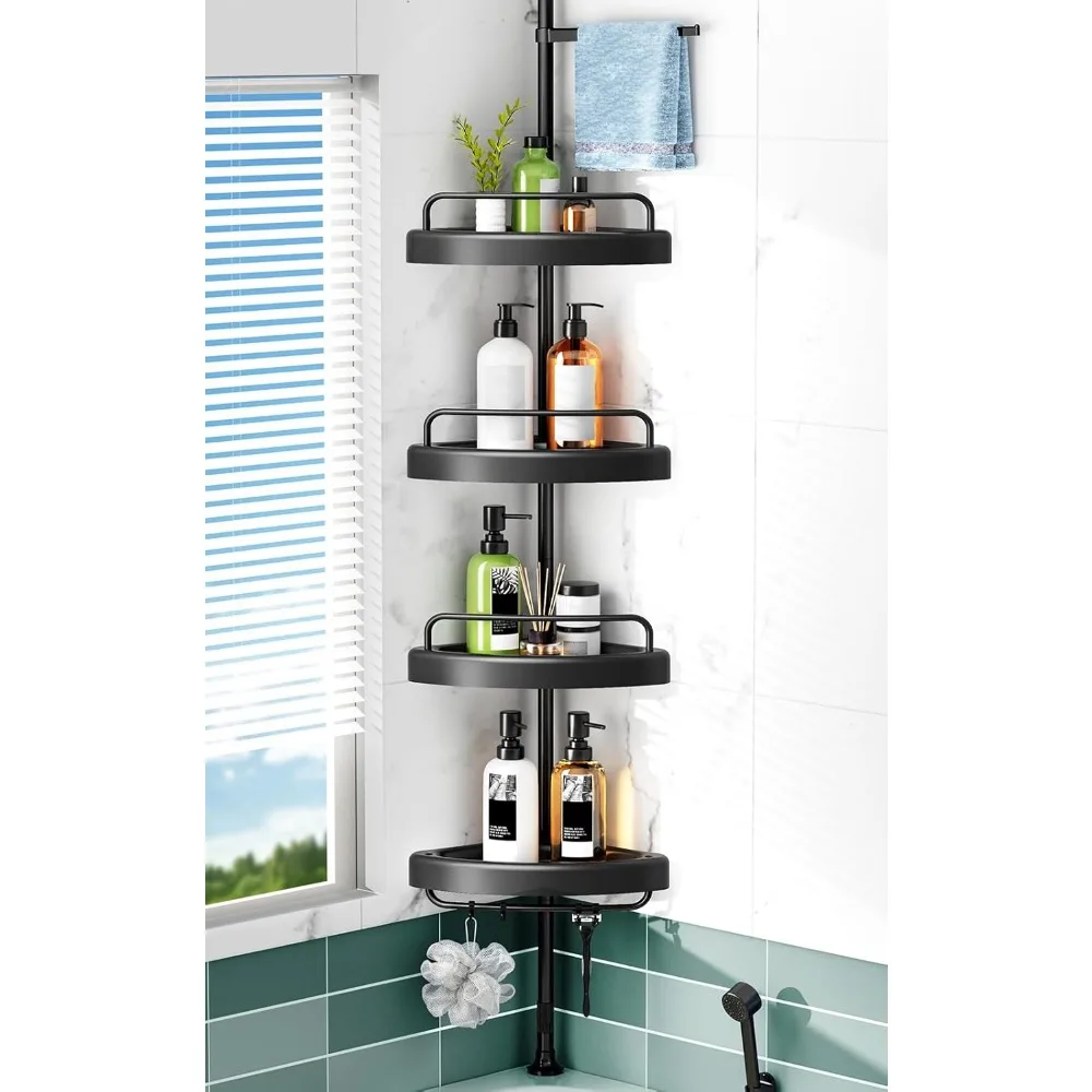 

4-Tier Corner Shower Caddy with Telescoping Rod: Adjustable Bathroom Organizer for Shampoo and Towels, Black