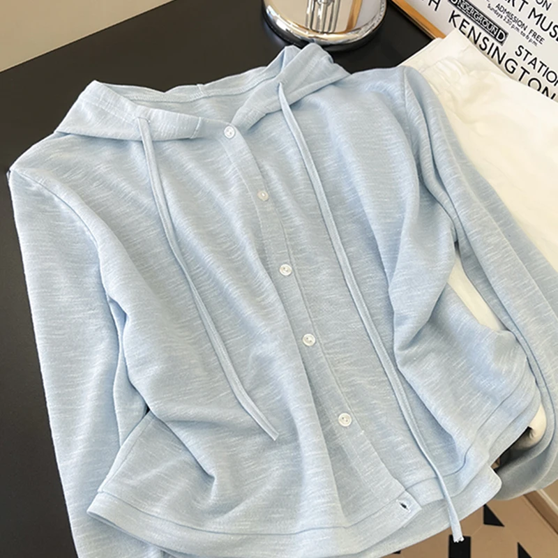 

Blue Hooded Sun Protection Top Women Summer Fashion Long Sleeve Breathable Outfit Coat Female Commuting Loose T-shirt