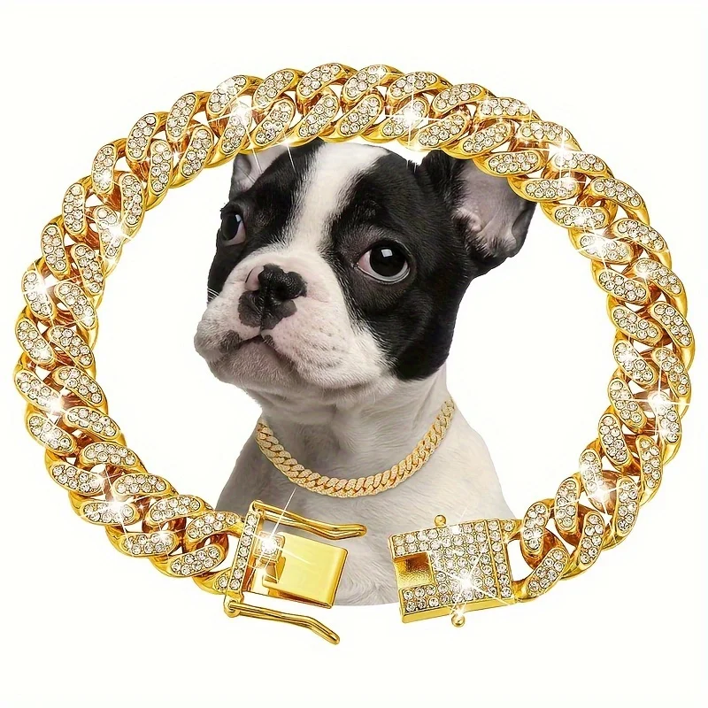 1pcs Dog Chain Collar Diamond Cuban Chain Dog Collar Wide Dog Necklace Metal Cat Chain Pet Crystal Collar Jewelry